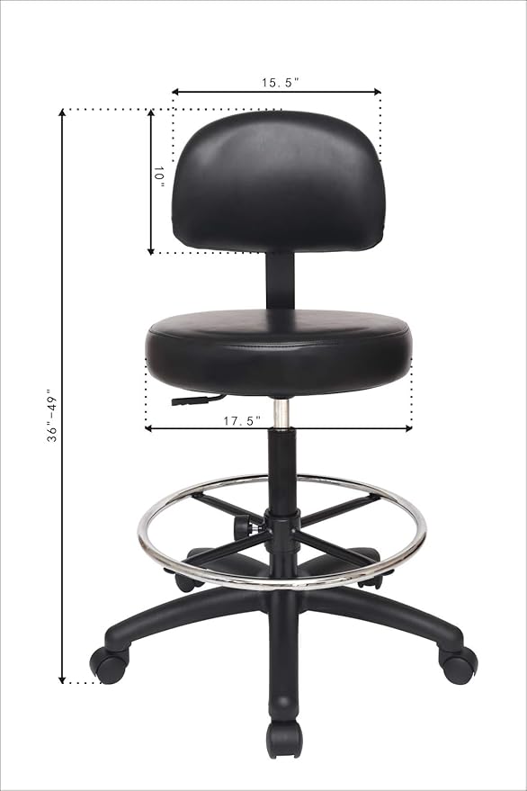 Chair Master Round Vinyl Chair/Stool-Black-for Garage, Counters, Shop, Kitchen, Computer Desks, Drafting Tables. EASY to CLEAN! (Soft Non-Marking Casters, Tall Bench/Drafting 24"-34")
