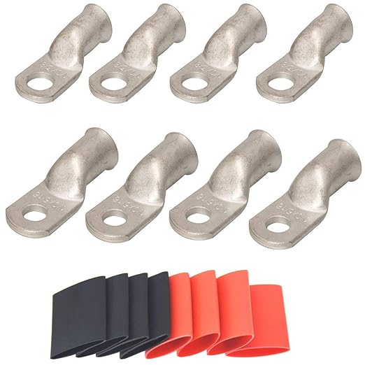 4 Pack 1/0 AWG 3/8 & 1/0 AWG 5/16 Lugs Tinned Copper Terminal Marine Battery Welding Lugs Terminal Connectors with 8 Pieces Ratio 3:1 Dual Wall Adhesive Heat Shrink