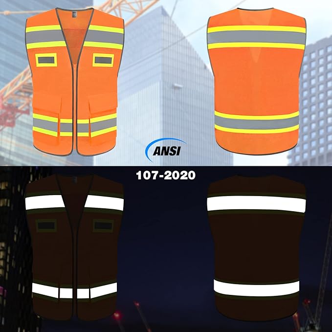 TCCFCCT Mesh High Visibility Vest with 2 Pockets & Reflective Strips, Meets ANSI/ISEA Standards, Orange, XL