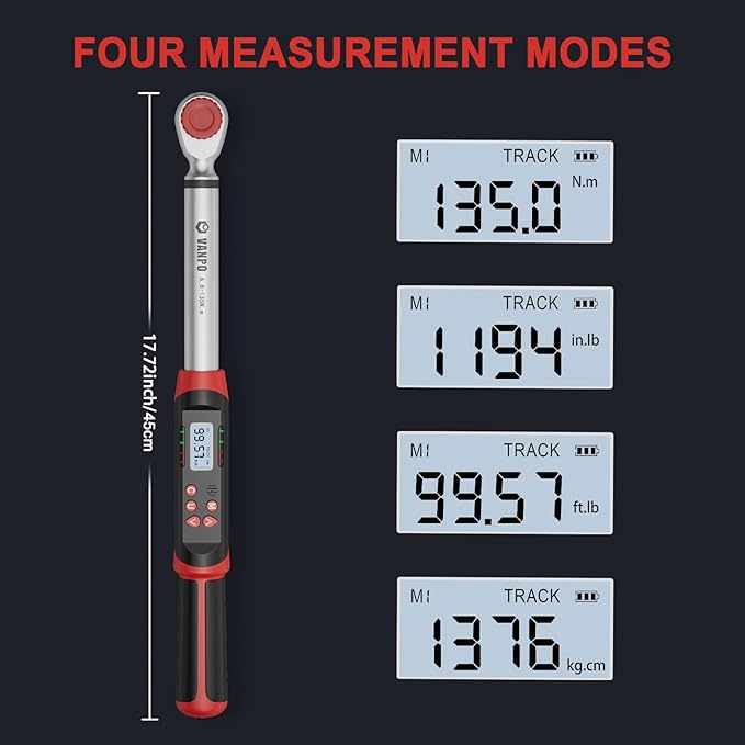 Digital Torque Wrench 1/2 Inch Drive, 45CM/17.72 Inch, ±2% Accuracy 5-99.5 ft-lbs./6.8-135Nm Electronic Torque Wrench with Preset Value, Buzzer and LED Notification for Moto, Car