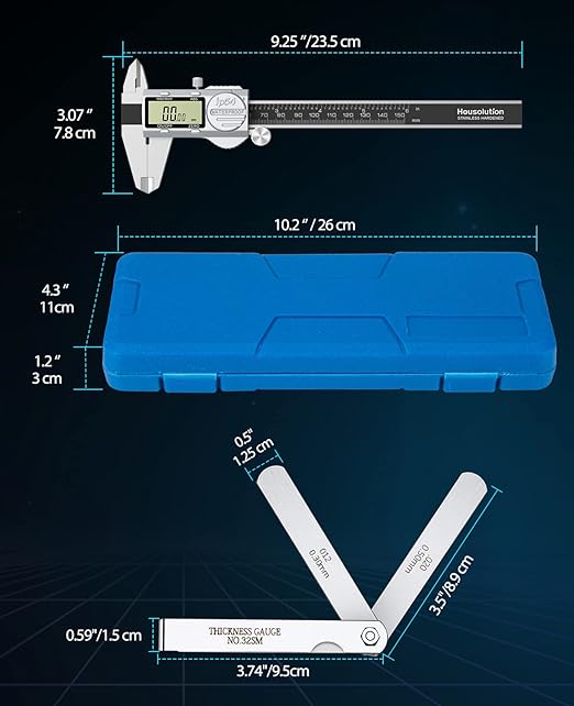 Digital Caliper 6 Inch, (ABS) Absolute Scale Caliper, IP54 Caliper Measuring Tool, Inch/MM/Fraction, Auto-Off LCD Stainless Steel Waterproof Micrometer Vernier Caliper, with Feeler Gauges