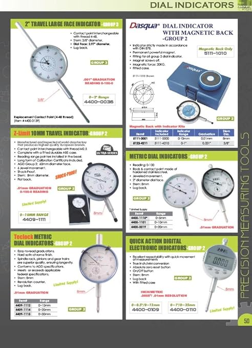 HHIP 4400-1250 Pro Series AGD Group 2 Dial Indicator, .0001" Graduation, 0-100 Reading, 0-0.25" Range