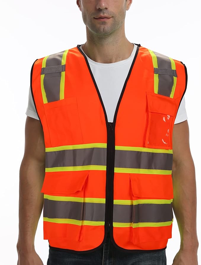 9 Pockets Hi Vis Safety Vest with Reflective Strips & Zipper Construction for Men & Women - Orange, 3XL