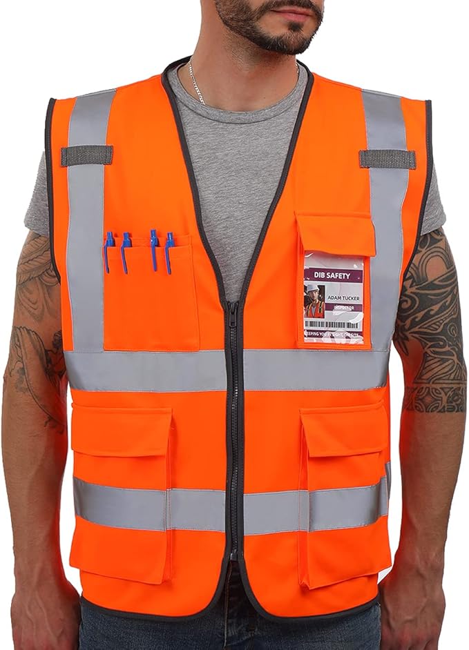 Dib Safety Vest Reflective ANSI Class 2, High Visibility Vest with Pockets and Zipper, Construction Work Vest Hi Vis Orange S