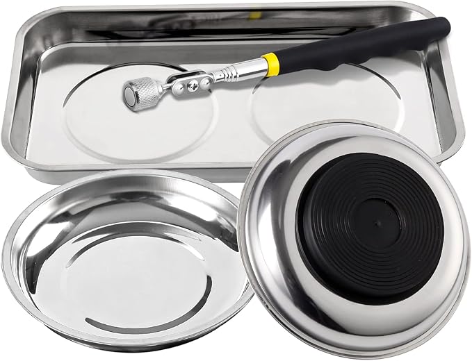 3 Pieces Magnetic Trays with 8LBs Telescoping Magnetic Pick-up Tool Set, 9.5" Rectangle, 2 Pieces 4" Stainless Steel Magnet Parts Tray for Screws, Sockets, Bolts, Mechanic's