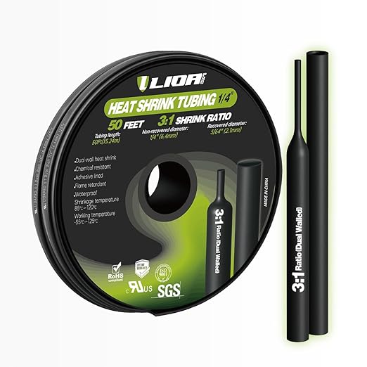 50ft 3:1 Heat Shrink Tubing - Adhesive-Lined Marine Grade, Black 1/4 inch - Ideal for Home, Automotive & Industrial Applications