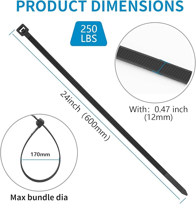 40PCS 24 inch Cable Zip Ties Heavy Duty 250lbs Tensile Strength Nylon Long Wire Ties Self-Locking Durable Plastic Tie Wraps for Indoor and Outdoor UV Resistant(Black)