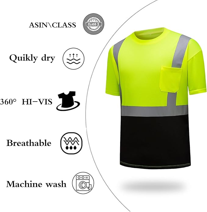 High Visibility Shirts Quick Dry Safety T Shirts with Reflective Strips and Pocket Short Sleeve Mesh Hi Vis Construction Work Class 2 Shirt for Men/Women Black Bottom Lime,6XL