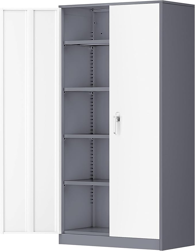 Greenvelly Metal Garage Storage Cabinet, 72" Locking Metal Cabinet with 2 Doors and 4 Adjustable Shelves, Grey White Steel Tool Organization for Home, Office, Garage (36" W x 18" D)