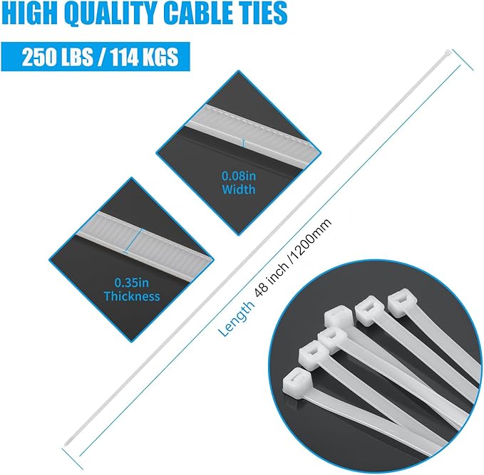 48 inch White Zip Ties Heavy Duty 20PCS, 200LBS Ultra Exclusive Strong Plastic Wire Ties, Large Cable Ties Extra Long Tie Wraps, Indoor and Outdoor UV Resistant