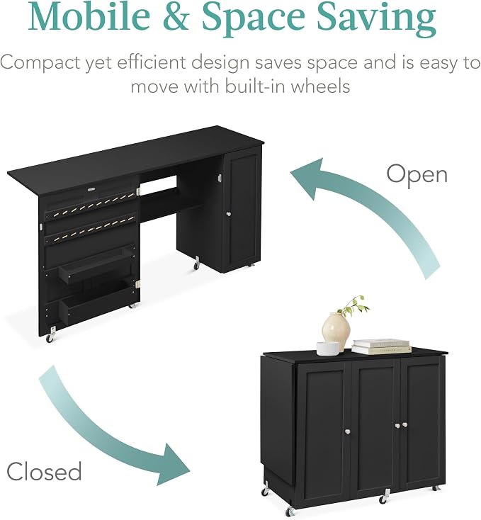 Best Choice Products Large Folding Sewing Table, Caster Wheels, Storage Shelves - Image 5