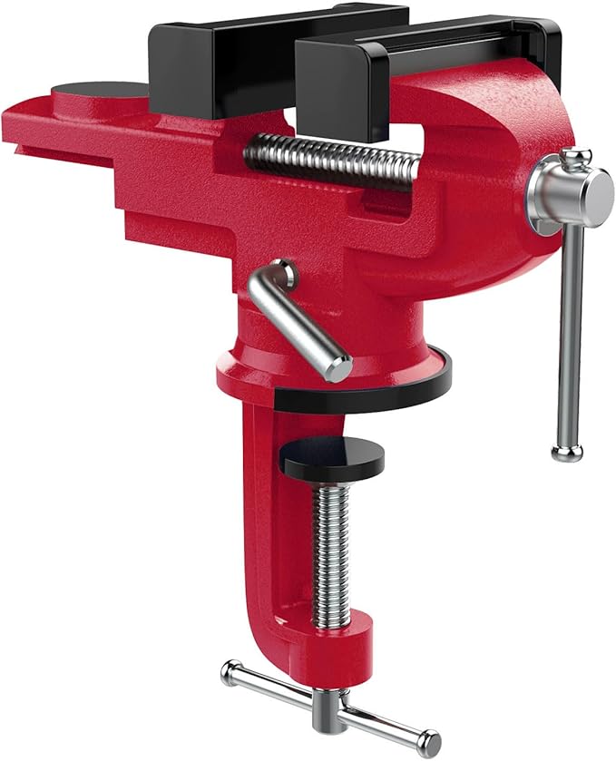Nuovoware Table Vise 3 Inch, 360° Swivel Base Universal Home Vise Portable Bench Clamp, Clamp-on Vise Bench Clamps Fixed Tool for Woodworking, Metalworking, Cutting Conduit, Drilling, Sawing, Red