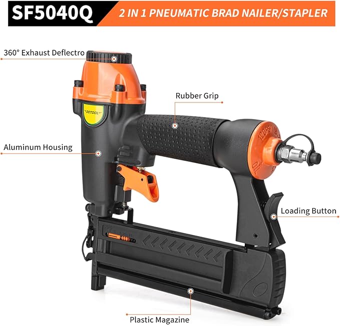 Pneumatic Brad Nailer,18 Gauge,2 in 1 Air Nail Gun Staple Gun,Accepts 2 Inch Brad Nails and Crown 1-5/8 inch Staples,with Carrying Case and 1000pcs Nails,for Carpentry, DIY,Woodworking