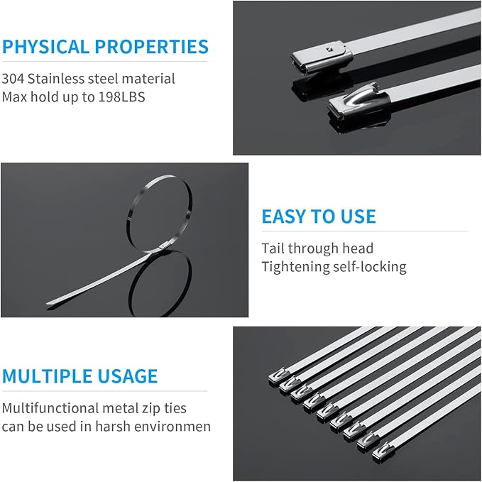 XINGO 8 inch Metal Zip Ties (200 Pack), 304 Stainless Steel Heavy Duty Zip Ties, 300lbs Tensile Strength, Multi-Purpose Self-locking Cable Ties for Exhaust Wrap, Outdoor and Canopy Etc