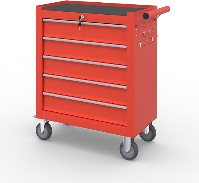5-Drawer Rolling Tool Box, Metal Tool Chest with Wheels and Locking, Portable for Warehouse, Garage, Repair Shop, Workshop (Red, 5-Drawer)