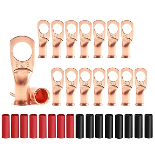 6 AWG 3/8" Stud (16 pcs.) Heavy Duty Copper Wire Lugs with Heat Shrink Tubing, Ring Terminals, Battery Cable Ends, Eyelets, Tubular Ring Connectors