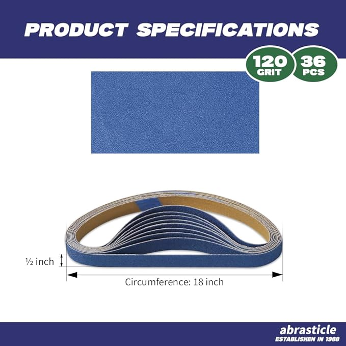 1/2" x 18" Zirconia Sanding Belts for Metal - 1/2 x 18 Inch Zirconia Metal Grinding Sand Paper, 36 PCS 120 Grits, Perfect for Knife Blade Sharpening, Metal Polishing, Derusting, Woodworking
