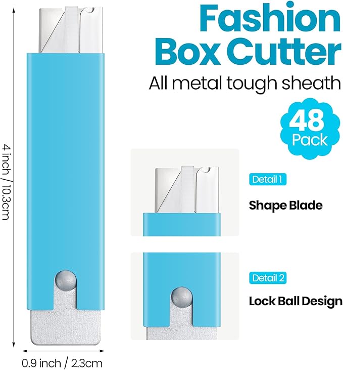 Lasnten 48 Pieces Box Cutters Bulk Retractable Cardboard Cutter Single Edge Handy Mini Box Knife Razor Blade Cutter Iron Body Utility Knife for Paper Packages Letter(Light blue)