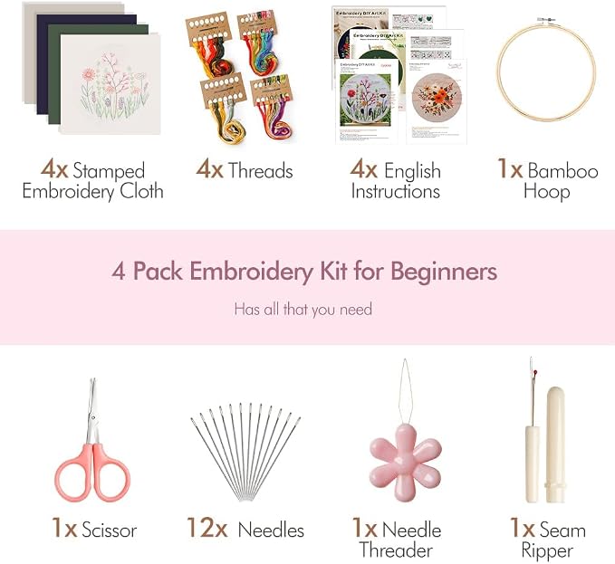 4 Pack Embroidery kit for Beginners Adults DIY Starter Kit, Cross Stitch Kits - Image 3