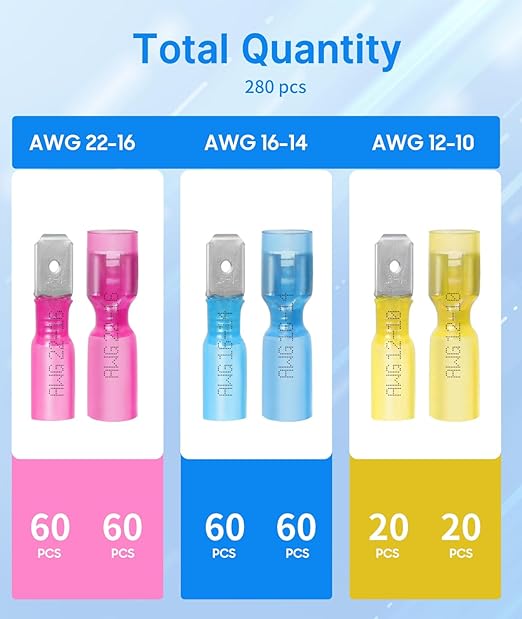 Kuject 280PCS Heat Shrink Wire Connectors, 22-10 AWG Electrical Insulated Male Female Wire Spade Terminals, Quick Disconnect Waterproof Crimp Butt Terminals for Automotive Marine Boat Truck