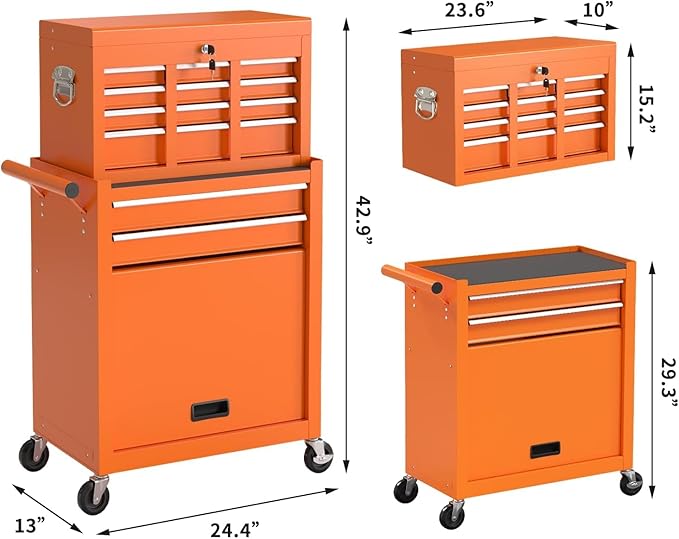 8-Drawer High Capacity Rolling Tool Box with Wheels,Rolling Tool Chest with Drawer,Tool Box on 4 Wheels with Lock, Tool Storage Cabinet Removable Portable Box for Garage Warehouse (Orange)