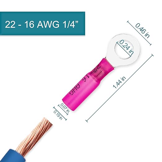 60 PCS Heat Shrink Wire Connectors, 22-16 AWG Ring Terminals, 22-16 Gauge 1/4" Stud(M6) Automotive Marine Ring Connectors by Housun