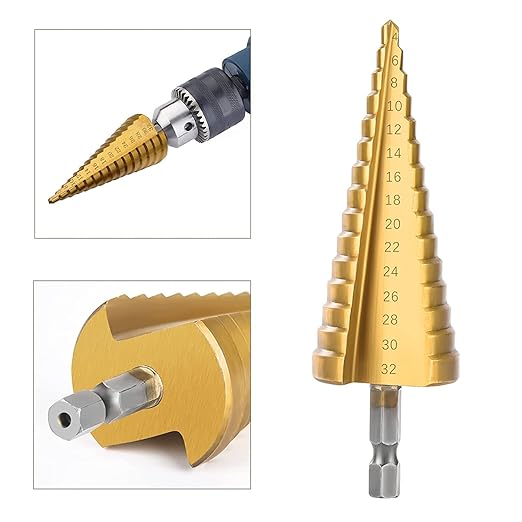 3 Pcs Straight Grooved Step Drill Bit Set, High Step Steel Titanium Drill Bits Set Power Tools 4-12/4-20/4-32mm Hex Shank Drive, HSS Cut Tool Set for Metal Wood Steel DIY Plastic