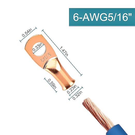 Battery Cable Ends, 8PCS 6 Gauge Wire Connectors 5/16 Copper Wire Lugs, Bare Copper Eyelets with Heat Shrink Tubing