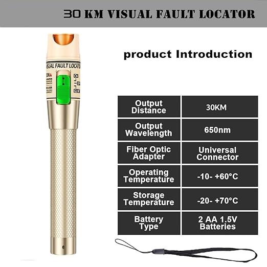 Visual Fault Locator, 30-50KM Fiber Optic Cable Tester Meter VFL Red Light Pen Light Source Testers