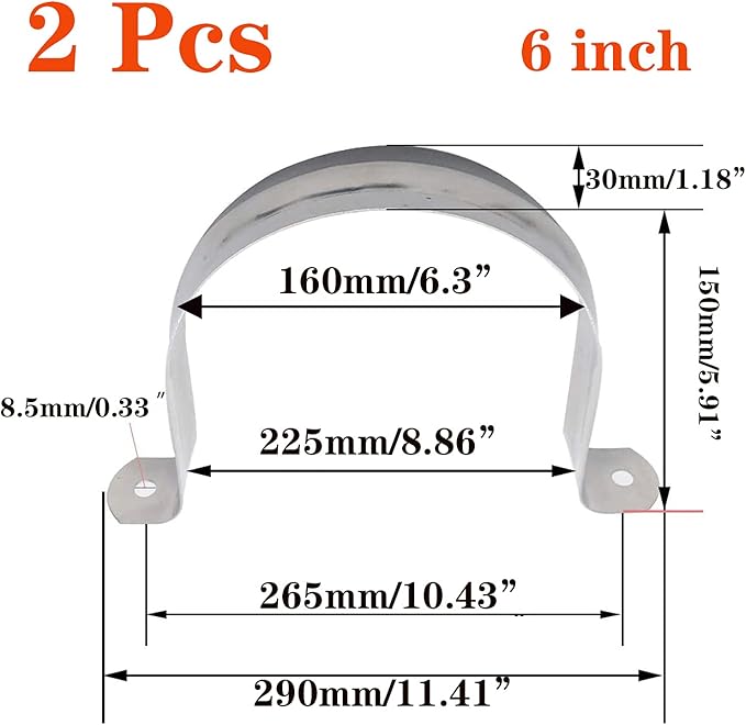2 Pcs 6inch Rigid Pipe Strap,Two Hole Stainless Steel Strap U Bracket, Widened Tube Strap Tension Clip Assortment Kit Heavy Duty Pipe Clamp（160mm）