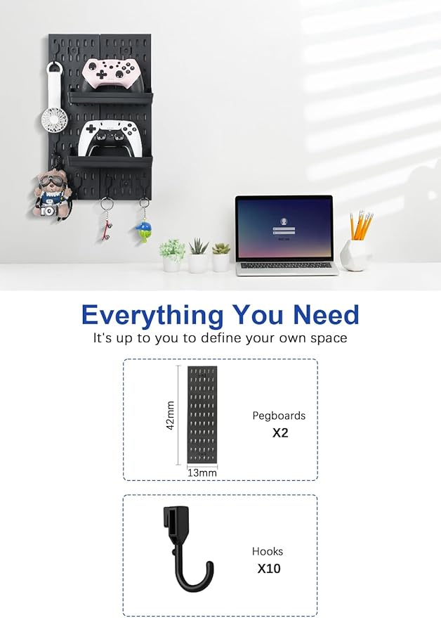 Pegboard Wall Organizer - Modular System for Gaming Setup, Office & Kitchen Storage Solutions Create A Perfectly Structured Space(Black,16″×12″)