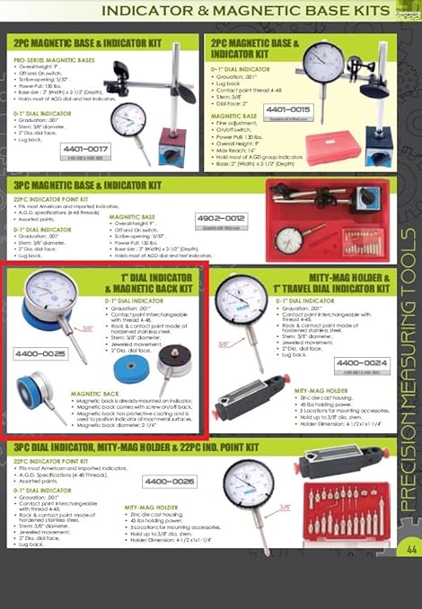 HHIP 4400-0025 1" Dial Indicator and Magnetic Back Set