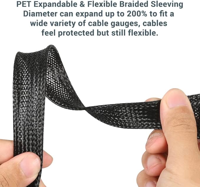 PET Expandable Braided Sleeving Wire Loom 1/8 Inch Cable Wrap Cable Sleeve Wire Protector Sleeve Tubing 100Feet, Black