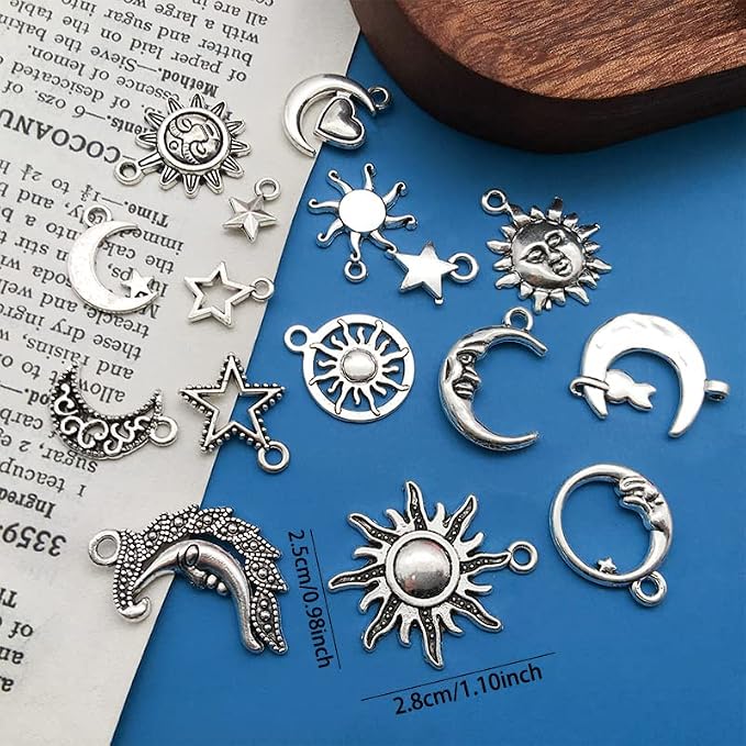 WOCRAFT 120pcs Antique Silver Sun Moon Star Charms - Image 2