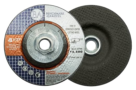Benchmark Abrasives 4-1/2" T27 Aluminum Oxide Pro Depressed Center Grinding Wheel, 1/4" Thick, 5/8"-11 Threaded Flange Angle Grinder Wheel for Cutting Stock Removal on Metal, Cast Iron - 5 Pack
