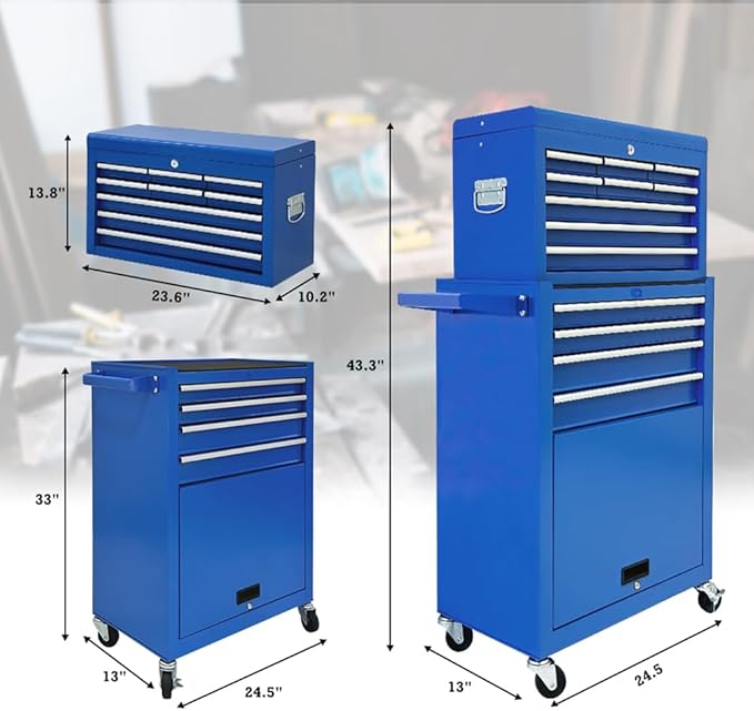 13 Drawer Rolling Tool Chest with Wheels, 2 in 1 Detachable Tool Chest with Drawers, Large Tool Box with Lock, Metal Tool Cabinet for Garage Workshop(Red)