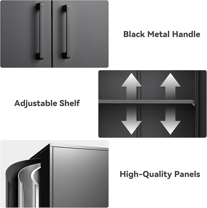 Metal Wall Cabinet,Garage Wall Cabinet with Handle,Lockable Storage Cabinets Wall Mounted with 2 Doors,Locking Cabinet with Shelves for Basement,Living Home,Black