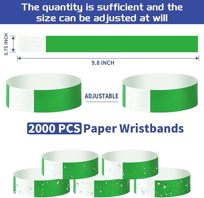 2000 Pcs Paper Wristbands for Events Waterproof Neon Green Wrist Bands Adhesive Concert Identification Wristbands Hand Bands for Events(Green)