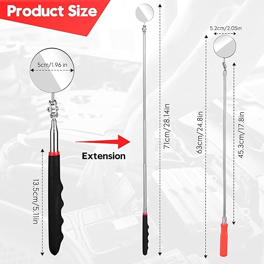 2 Pcs Inspection Mirror, Mechanics Mirror Tool with Long Handle, Round Extendable Mirror on a Stick & 360 Rotation Bendable Circular Mirror for Technicians Mechanics Contractors Checking Observation