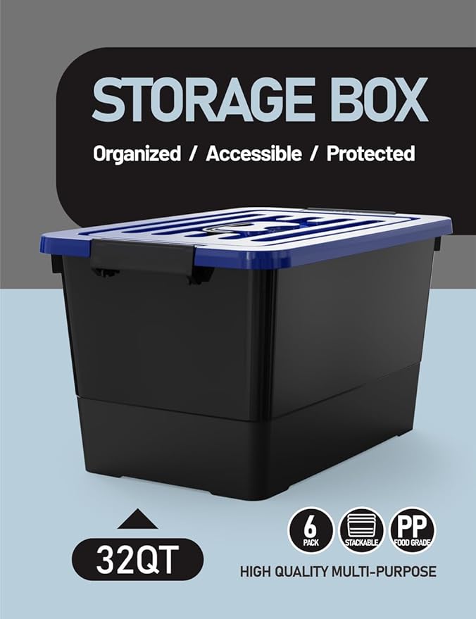 WYT 32 Quart Stackable Plastic Storage Bins with Blue Lids, 6 Pack Black Containers with Latching Buckles and Handle, Durable Nestable Boxes Organizing for Closet, Garage, Tool Room