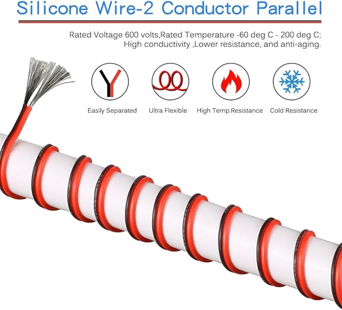 BNTECHGO 20 Gauge Flexible 2 Conductor Parallel Silicone Wire Spool Red Black High Resistant 200 deg C 600V for Single Color LED Strip Extension Cable Cord,Model,50ft Stranded Tinned Copper Wire