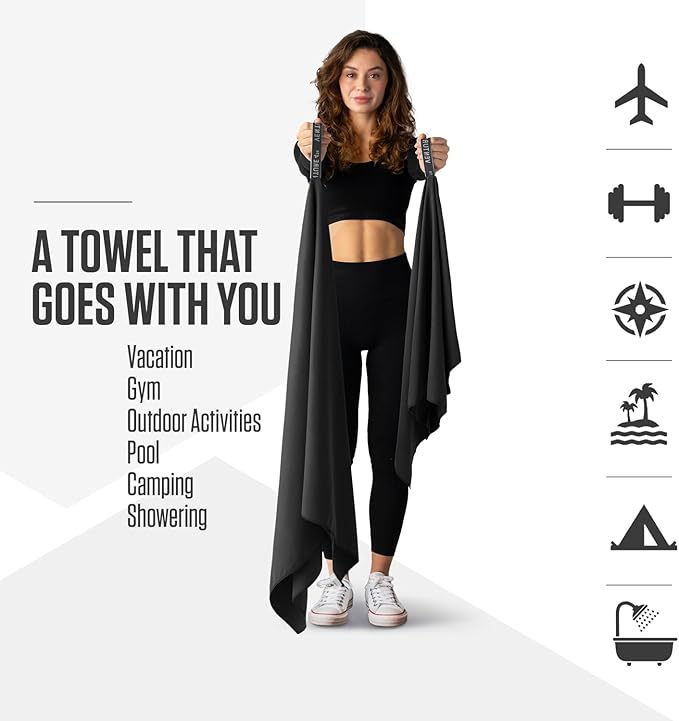 VENTURE 4TH Quick Dry Towel. Microfiber Travel Towel Ideal for Camping, Hiking, Backpacking, Gym. Lightweight & Fast Drying Travel Towels for Body. Compact & Easy to Pack - Black Medium