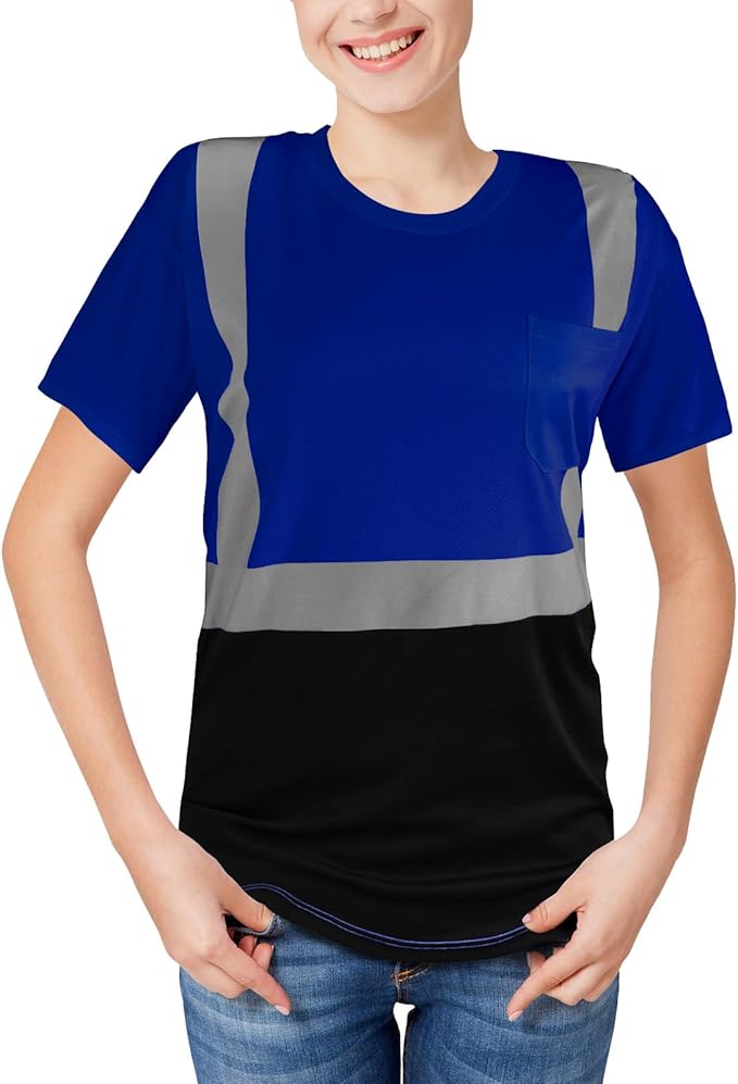 High Visibility Shirts Quick Dry Safety T Shirts with Reflective Strips and Pocket Short Sleeve Mesh Hi Vis Construction Work Class 2 Shirt for Men/Women Black Bottom Blue,2XL