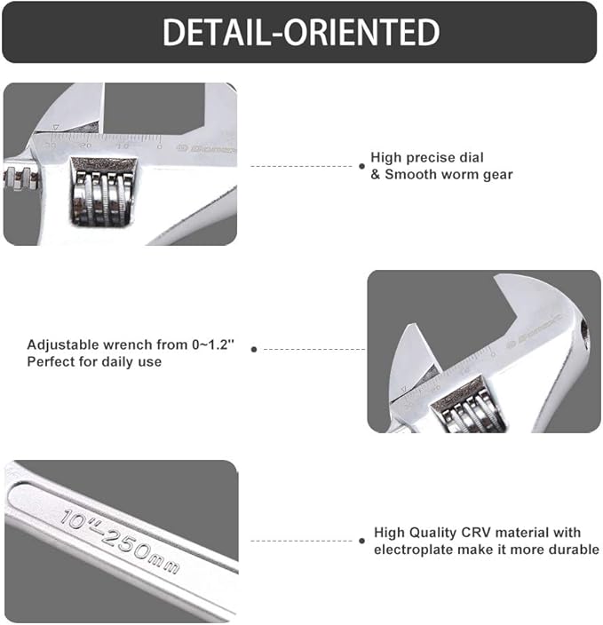 Donext 10 Inch Adjustable Wrench Professional Hand Tool CR-V Steel Crescent Wrench