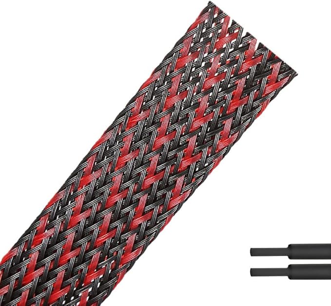 PET Expandable Braided Sleeving Wire Loom 3/4 Inch Cable Wrap Cable Sleeve Wire Protector Sleeve Tubing 25Feet, Red&Black