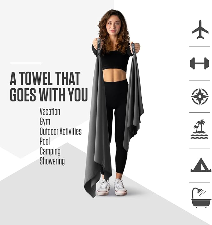 VENTURE 4TH Quick Dry Towel. Microfiber Travel Towel Ideal for Camping, Hiking, Backpacking, Gym. Lightweight & Fast Drying Travel Towels for Body. Compact & Easy to Pack - Charcoal Large