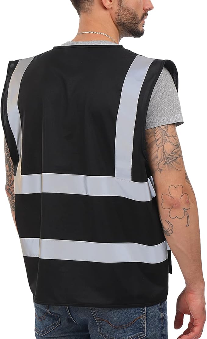 Dib Safety Reflective Vest High Visibility with Pockets and Zipper, Black S