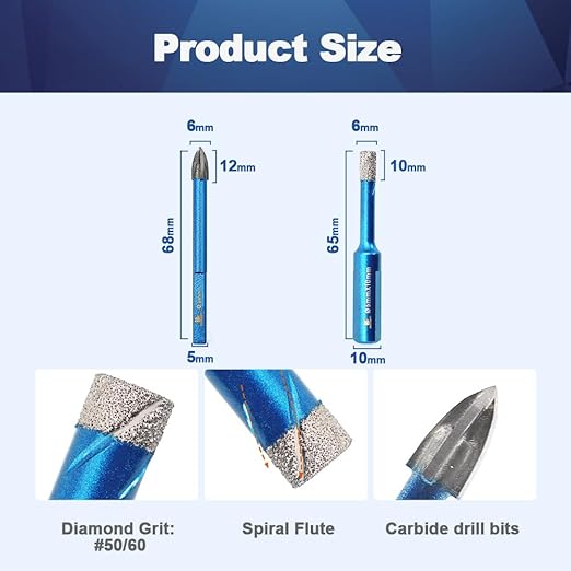 Dry Diamond Core Drill Bit Set,BRSCHNITT1/4 * 5 Diamond Hole Saw& 1/4"*5 Carbide Drill bits with Triangle Shank for Porcelain Tile Ceramic Stone Granite Marble(10pcs)