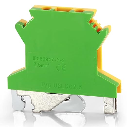Erayco USLKG2.5 Ground Circuit Connection Terminal Block, Screw Clamp, 600V 20A 24-12AWG, DIN Rail Mounted, Pack of 50 (Green & Yellow)