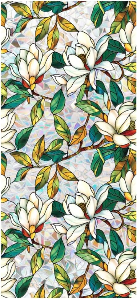 Retro Flower Window Privacy Film, Stained Glass Decals White Mangnolia Privacy by JOONOR
